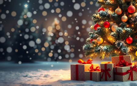 A decorated Christmas tree is on the side of the frame, with a pile of gifts underneath it. Generated by AI.の素材