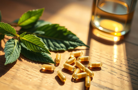 Yellow capsules scattered on a wooden surface, a sprig of herbs nearby. Generated by AI.の素材