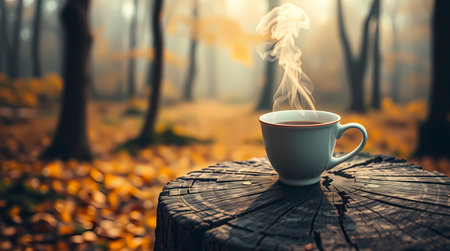 A cup of hot tea stands in the forest on a sunny day. Generated by AI.の素材