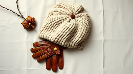 Knitted hat and gloves on a white background. Generated by AI.の素材