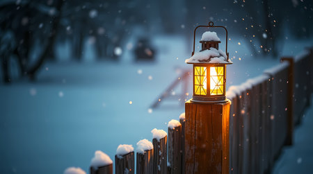 A vintage lantern stands on a wooden fence post. Generated by AI.の素材
