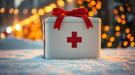 A box of medicine stands in the snow, tied with a red ribbon, with holiday lights behind it. Generated by AI.の素材