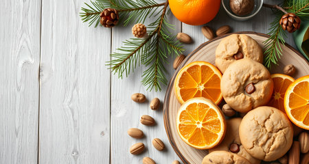 A plate with cookies and oranges stands on a wooden table. Generated by AI.の素材