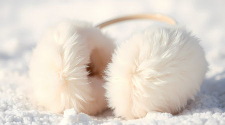 Cute beige fur headphones lie on a white background. Generated by AI.の素材