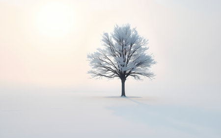 Winter day, thick fog, a lonely tree covered in frost. Generated by AI.の素材