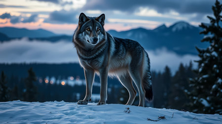 A large wolf stands on a hill on a winter evening, close-up view. Generated by AI.の素材