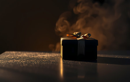 A gift is on a black table, with gold sparkles all around. Generated by AI.の素材