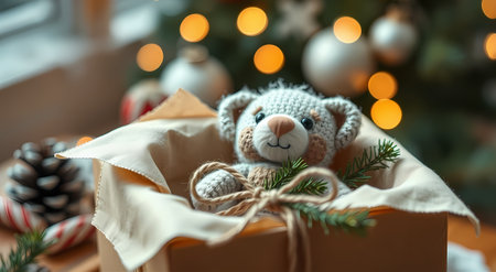 On the table, against the background of the Christmas tree, there is a box with a knitted teddy bear. Generated by AI.の素材