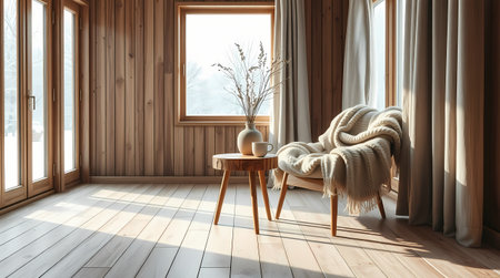 Minimalist room design, armchair and table with vase, light palette. Generated by AI.の素材