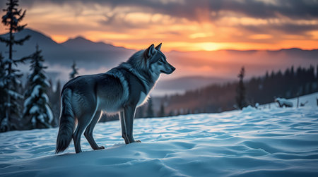 Lone wolf on the mountain at sunset, snowy winter. Generated by AI.の素材
