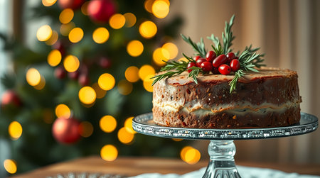 A cake decorated with berries stands on a glass stand, close-up view. Generated by AI.の素材