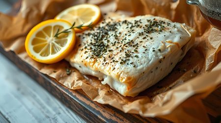 Fragrant fish, rubbed with spices, lies on the table, next to lemon rings, close-up view. Generated by AI.の素材