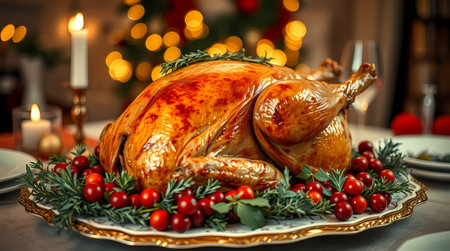 In the center of the festive table lies a roasted bird, goose or turkey, with garlands shining in the background. Generated by AI.の素材