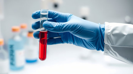 In a medical laboratory, an assistant carries a test tube with material to the table. Generated by AI.の素材