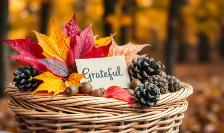 A wicker basket with gifts from the forest, and inside it a piece of paper with the inscription - grateful. Generated by AI.の素材