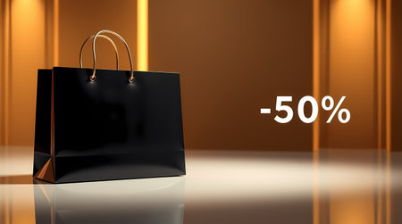 Black package on a gold background, Black Friday sale. Generated by AI.の素材