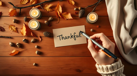 Thanksgiving picture - postcard, pine cones and acorns, autumn leaves and candles. Generated by AI.の素材