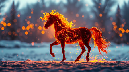 In a clearing in the middle of the forest stands a beautiful horse with a fiery mane and tail.Generated by AI.の素材