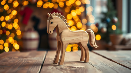 A cute handmade horse stands on a wooden surface, with sparkling garlands behind it. Generated by AI.の素材