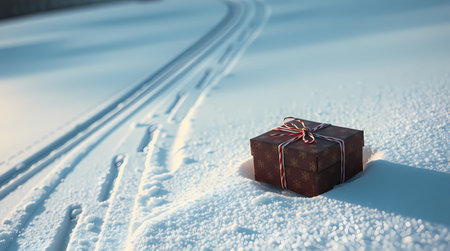 A lost gift lies in the snow, near the path. Generated by AI.の素材