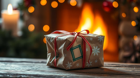 By the fireplace, there is a gift, all crumpled. Generated by AI.の素材
