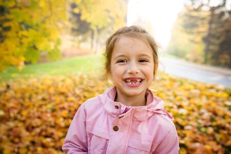 Cute little girl with missing teeth playing with yellow fallen leaves in autumn forest. Happy child laughing and smiling. Sunny autumn forest, sun beam.の写真素材