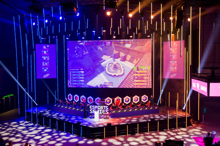 HELSINKI, FINLAND - NOVEMBER 15, 2019: Fight professional cybersportsmen of the BYOC tournament for Counter-Strike: Global Offensive at Assembly GameXpo 2019. Exhibition and Convention Centreのeditorial素材