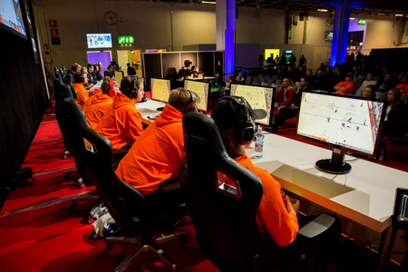 HELSINKI, FINLAND - NOVEMBER 15, 2019: Hockey online match at GameXpo 2019. Exhibition and Convention Centre Messukeskusのeditorial素材