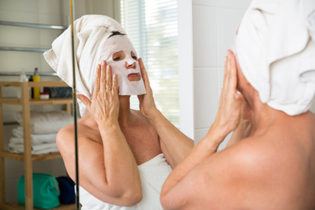 Mature beautiful woman taking off facial sheet mask. Looking in the mirror in bathroom, Wrapped in a towel. Skincare routine and anti-aging treatment at home for older women.の写真素材