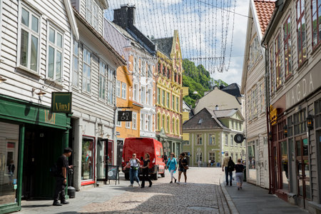 Bergen, Norway - Jun 23, 2023: Bergen Old town city view, people are walking, Bergen touristic area, city center.のeditorial素材