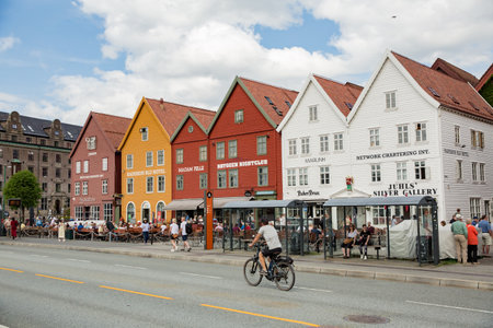 Bryggen, Bergen, Norway - Jun 23, 2023: Hanseatic heritage wooden buildings in the city of Bergen included on UNESCOs World Heritage Listのeditorial素材