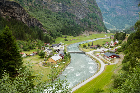 Top view of the Flame village from the train window. The Flam Railway is one of the most beautiful train journeys in the world and is one of the leading tourist attractions in Norway.の写真素材