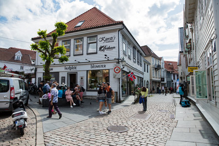 Bergen, Norway - Jun 23, 2023: Bergen Old town city view, people are walking, Bergen touristic area, city center.のeditorial素材
