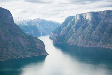 Aurlandsfjord fjord amazing landscape, Norway Scandinavia. National tourist route Aurlandsfjelletの写真素材