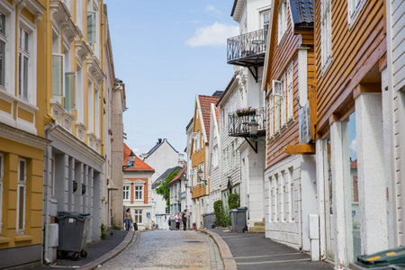 Bergen, Norway - Jun 23, 2023: Bergen Old town city view, people are walking, Bergen touristic area, city center.のeditorial素材