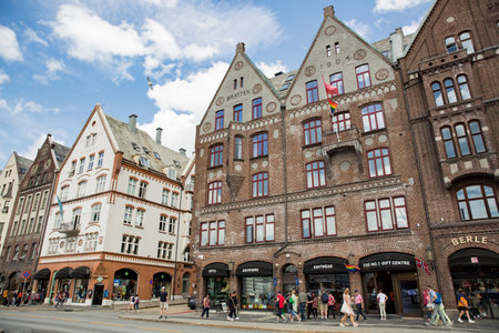 Bergen, Norway - Jun 23, 2023: Bergen Old town city view, people are walking, Bergen touristic area, city center.のeditorial素材