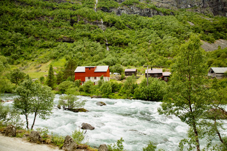 The beauty of Norwegian nature. West Norway natural landscape along the route of the Flam railwayの写真素材