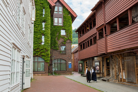 Bryggen, Bergen, Norway - Jun 23, 2023: Hanseatic heritage wooden buildings in the city of Bergen included on UNESCOs World Heritage Listのeditorial素材