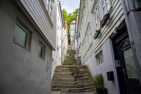 Bryggen, Bergen, Norway - Jun 19, 2023: Cozy narrow streets in Bergen.のeditorial素材
