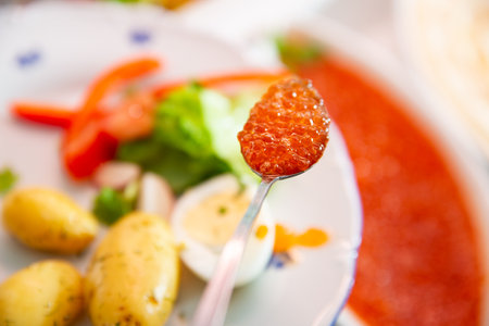 A restaurant customer puts delicious smoked red caviar on a plate. Seafood buffet lunch in a cafe in Finlandの写真素材