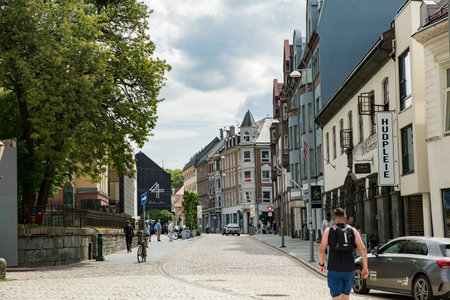 Bergen, Norway - Jun 23, 2023: Bergen Old town city view, people are walking, Bergen touristic area, city center.のeditorial素材