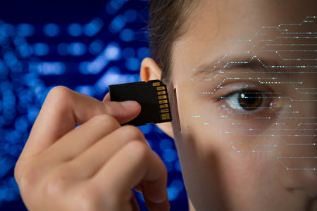 Teenage girl plugging SD memory card into slot in her head. Artificial intelligence, technological...