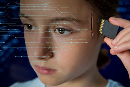 Teenage girl plugging SD memory card into slot in her head. Artificial intelligence, technological and computer dependence, robotics, memory upgrade, mind control, computingの写真素材