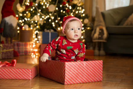 Happy baby boy in a red cap sitting in a gift box on the background of a Christmas tree on Christmas Eve. Happy Holidays, New Year. Cozy warm winter evening at home. Xmas timeの写真素材