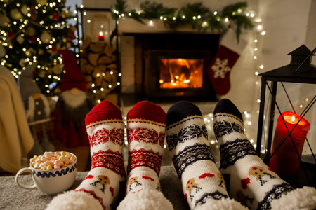 Couple enjoying by warm fireplace and warming up their feet in woolen socks with Christmas ornaments and Christmas tree and decorations background. Cozy Winter, Christmas and Family.の写真素材