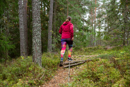 Athletic middle-aged woman running along a path in a nature park in the forest in Finlandの写真素材