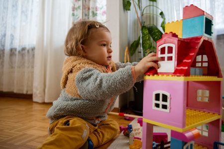 Toddler playing with toys on floor at home. Children learning in game. Domestic room, everyday lifeの写真素材