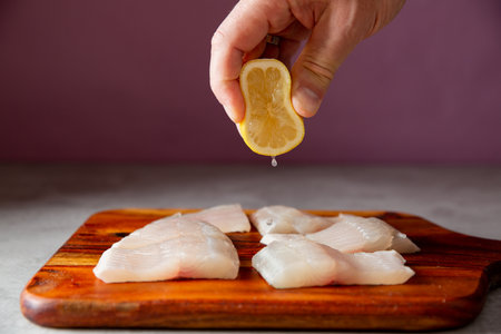 Wooden chopping board with whitefish fillet. Hand squeezing lemon juice on top.
