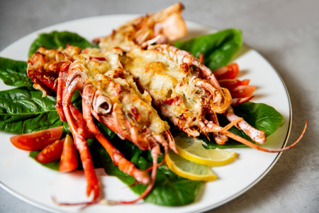 Grilled lobster with lemon and green leaves on a white plate. Delicious lobster Thermidor served on...