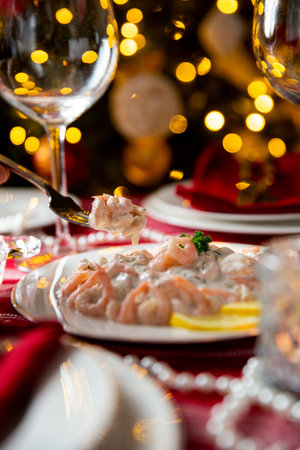 Festive fish table with Skagen salad - traditional Swedish starter dish with shrimps. Celebration delicaciesの写真素材